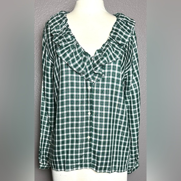 Ann Taylor Blouse Women’s M Green White Metallic Plaid Ruffle Flowy Classic Boho - Picture 9 of 9